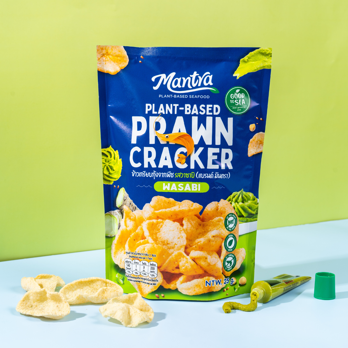 MANTRA Plant-Based Prawn Cracker 25G - Wasabi FlavorSnacksFor those who love a spicy kick! These crackers are infused with a zesty wasabi flavor, adding a bold and slightly fiery taste that pairs perfectly with the light crispiness. A must-try for spice l