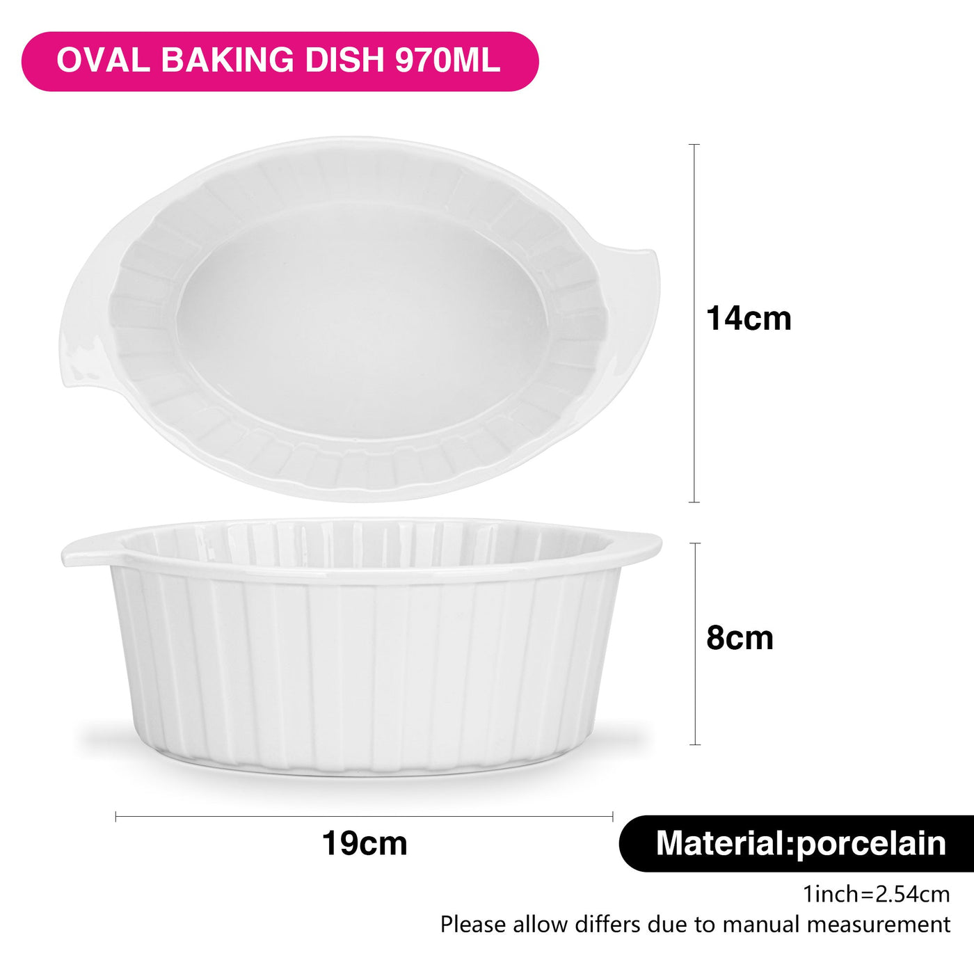 FISSMAN Oval Baking Dish 19x14x8cm 970ml Porcelain | Oven & Microwave Safe Baking Dish, without Lid