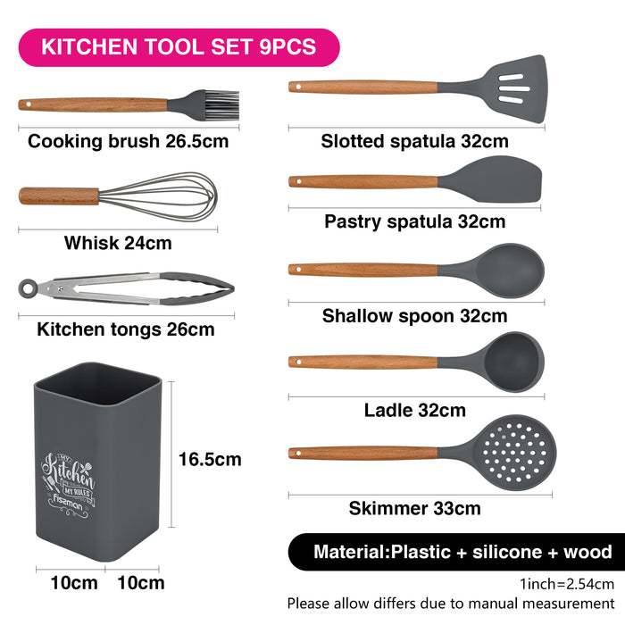 Fissman 9-Piece Kitchen Utensil Set with Holder Rack – Silicone Cooking Tools with Wooden Handles, Heat-Resistant, Non-Stick Safe