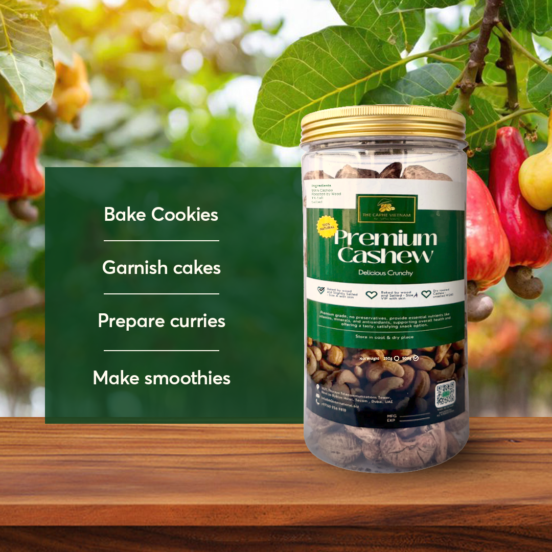 The Caphe Vietnam Premium Cashew Nuts - 500 G | Wood-Baked, Roasted Cashew | Salted with Skin | Size A | Vietnamese Cashew, Ready To Eat Nuts