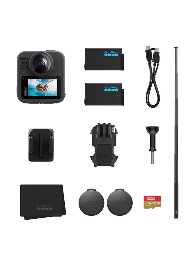 GoPro MAX2 360° Action Camera + Accessory Bundle – 4ft Extension Pole, 2 Enduro Batteries & 64GB SanDisk microSD Card