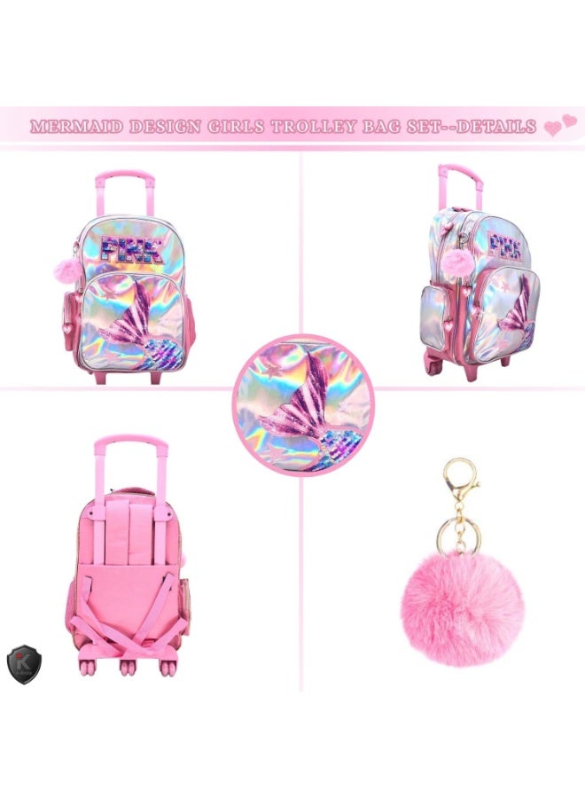 Pink mermaid-themed girls' luggage set with a keychain on a white background