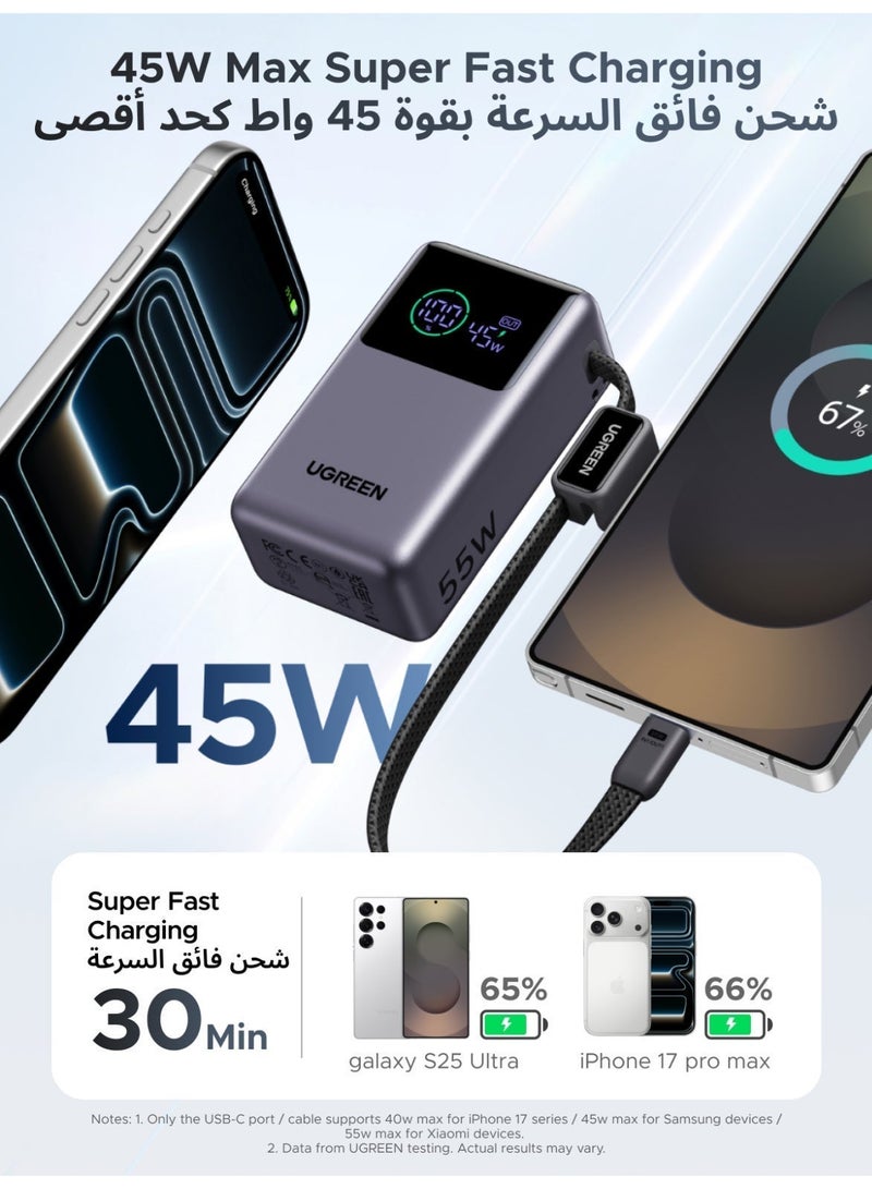 UGREEN 10000mAh 55W Pocket Power Bank with Built-in Cable – Black