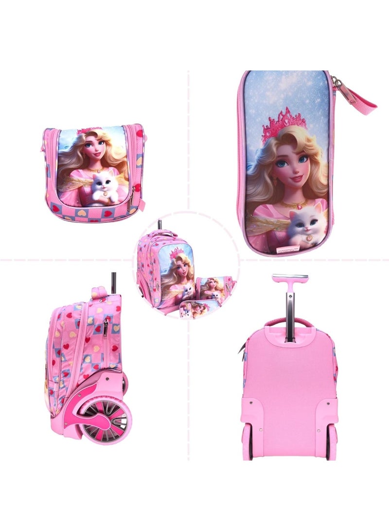 Set of pink children's bags with a princess design on a white background