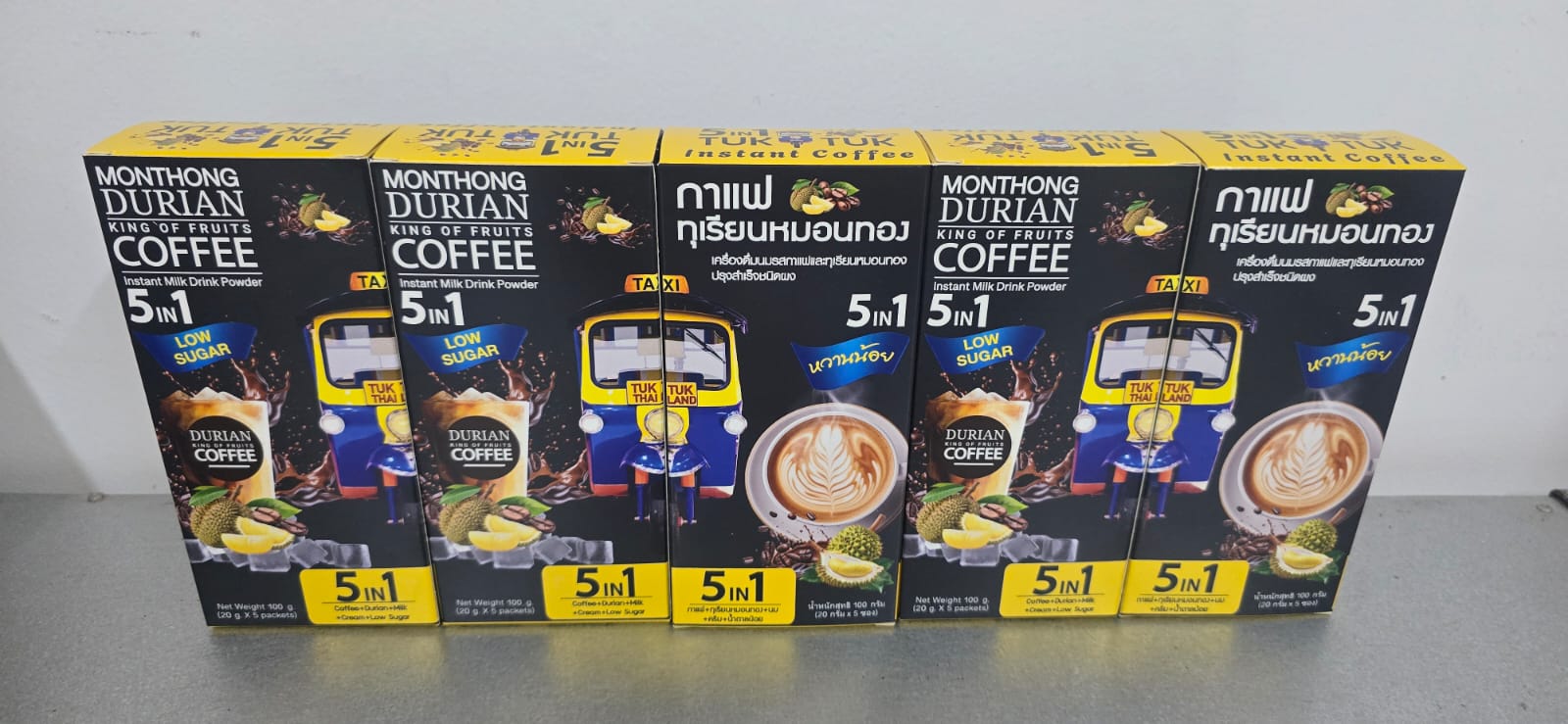 Instant Coffee and Monthong Durian Drink Powder (Total of 5 Boxes, 1 Box = 5 Sachets)BeveragesA Bold Fusion of Coffee and the King of Fruits – Durian Coffee Step into a whole new world of flavor with our Durian-Mixed Coffee – a daring and unique blend tha
