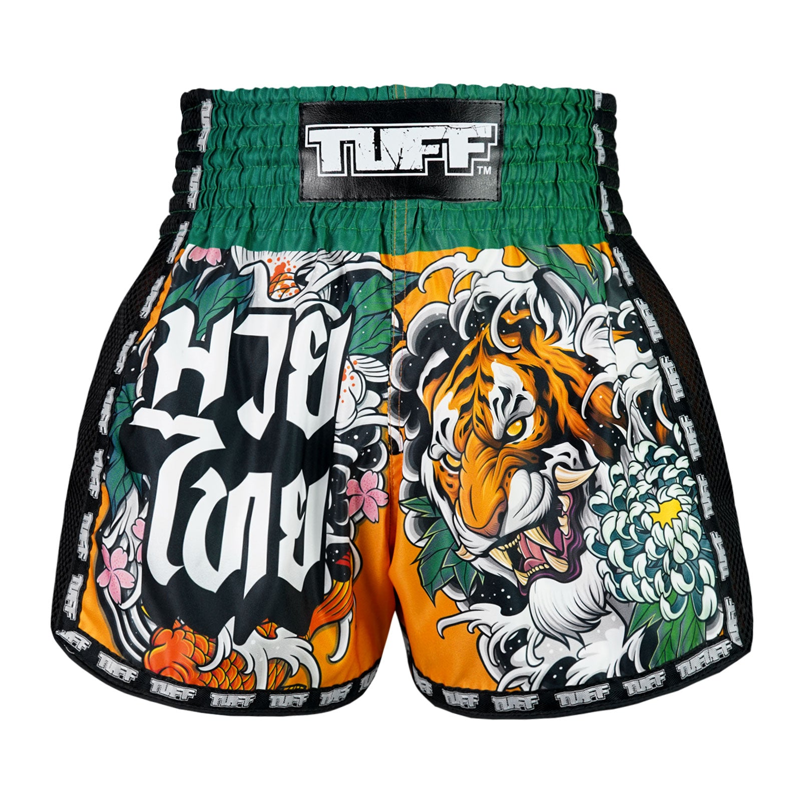 Muay Thai Boxing Shorts Tora mori to Kingyo (Tiger, Forest and Goldfish)Sports & FitnessIn Japan, Tora ( 虎 ) or Tigers also represent protection from evil and negative energy.Some temple grounds in Kyoto, Japan, include guardian tigers rather than thetrad