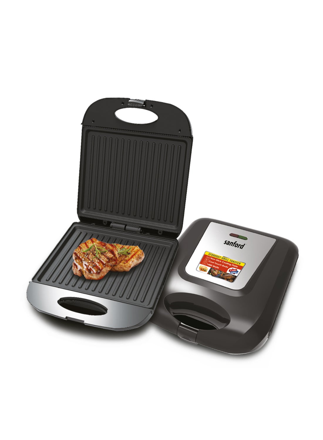 Sanford Grill Toaster 1400 W SF9905GT BS - BlackKitchen AppliancesNon-Stick Coated Grill Plate Keep Warm Function. Cool Touch Handle Grill Plate size : 25 x 21 Energy Efficient Design Indication for On & Ready Skid-Resistant Feet Easy To Clean 1400 Watts