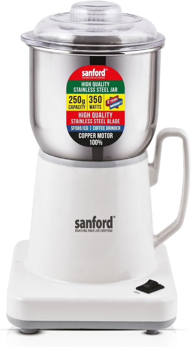 Sanford Coffee Grinder 200 WATTS SF5651CG BSKitchen AppliancesGrinds Dry Coffee, Spices & Dry Fruits 350Watts Powerful Motor, Low Noise High-Quality Stainless Steel Jar 900grams Capacity Jar Stainless Steel Cutting Blades On/Off Switch, Easy to Operate