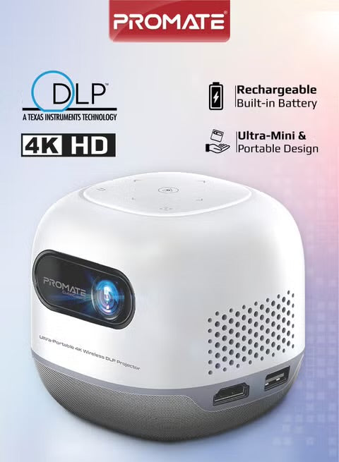 Promate CubeCast-2 Digital Mini Projector with DLP Technology, HD 720P Resolution, 4K@60Hz Support, Wireless Screen Sharing, Auto Keystone Correction, HDMI & USB Connectivity, Built-In Speaker, White