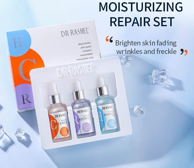 DR. RASHEL 3-Piece Complete Facial Serum Set 3 x 30mlPersonal CareElevate your skincare routine with the DR. RASHEL 3-Piece Complete Facial Serum Set, featuring three potent serums designed to target various skin concerns: Vitamin C Serum (30ml): Brighten