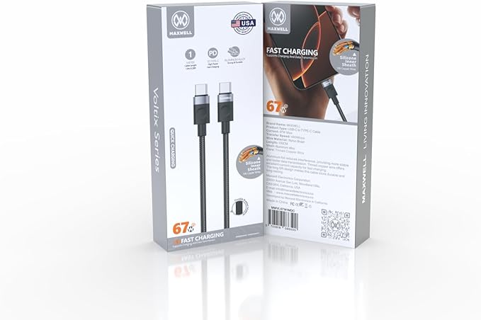 Maxwell Voltix Series Cable USBC to USBC (1Meter) 67W Fast Charging Nylon Braid Compatible with iPhone 16 Pro Max 16 Plus Samsung S25 Ultra S25 Plus iPhone 15 Pro Max 15 Pro Aluminum AlloyMobile AccessoriesBrand Maxwell Connector type USB Type C Cable typ