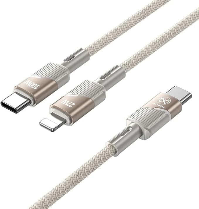 Maxwell 2 in 1 Twin Jet Cable Series USBC Compatible with Lightning (1.2Meter) 100W Fast Charging Cable Compatible with iPhone 16 Pro Max 15 Pro Max 14 Pro Max 14 Pro 14 Plus 13 Pro etc. (Beige)