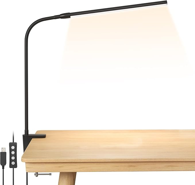 Lepro Clip-On Desk Lamp – 460 Lumens Dimmable USB Clamp Light with 10 Brightness Levels, Flexible Gooseneck, Black