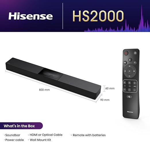 Hisense HS2000 2.1 Channel Soundbar – 240W Dolby Audio Sound System with Built-In Subwoofer, DTS Virtual:X & Bluetooth