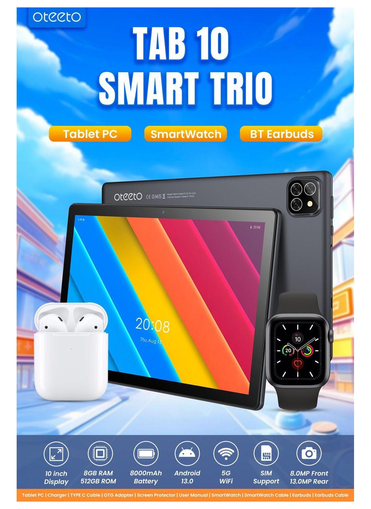 Oteeto TAB10 Smart Trio 8GB RAM 512GB ROM Android Tablet PC Smart Watch True Wireless Earphone ComboTabletsBig Screen, Big Specs, Big space and storage and more.. Empower Your Every Move: Our Tablet PC, Your Limitless Possibilities.Experience a new dimens