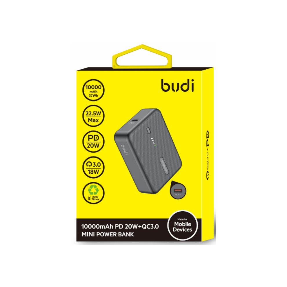 Budi 10000 mAh 20W PD+QC3.0 Mini Power BankMobile AccessoriesHigh Capacity: 10000mAh/37Wh for ample power on the go. Fast Charging: 22.5W Power Delivery 3.0 and Quick Charge 3.0 outputs. Durable Build: Equipped with two high-capacity 21700 rechargeable Li