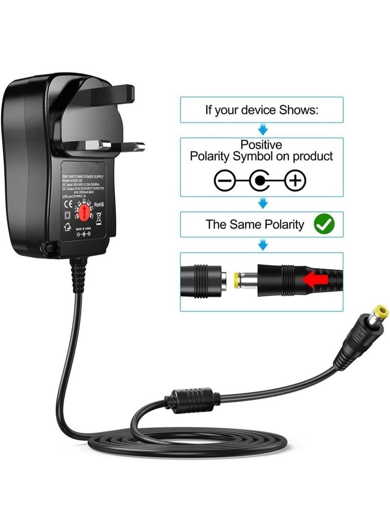 Universal AC/DC Adapter, 30W Switching Power Supply with 6 Selectable Adapter Plugs for 3V 4.5V 5V 6V 7.5V 9V 12V Household Electronics and LED Strip - 2000mA Max