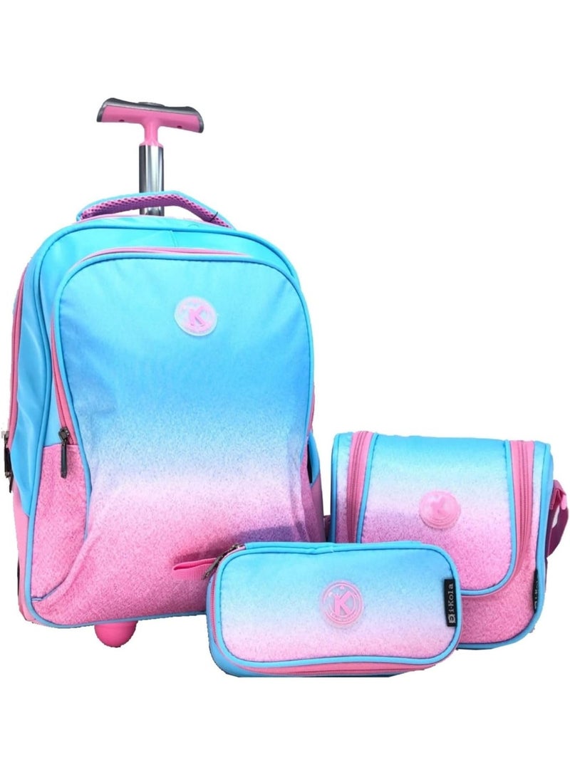 i-kola Blueish Pink 3pcs Kids Rolling School Bag Set with 16-inch trolley backpack, lunch bag & pencil case – UAE