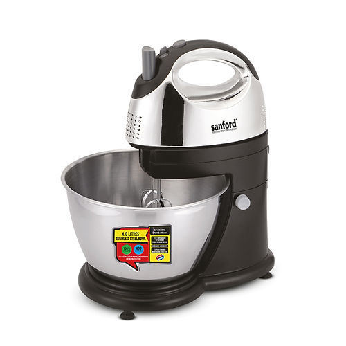 Sanford Stand Mixer SF1355SM - Black/SilverKitchen Appliances2 in 1 Operation, Stand Mixer with Detachable Hand Mixer. 5 Speed Control with Turbo. Durable Body with Chrome Finish. 100% Copper Motor, 400 Watts Power. Removable Stainless Steel Rotatig Bowl