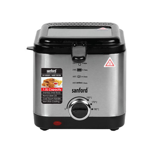 Sanford Mechanical Deep Fryer 1.5 Litre, SF1303DF BSKitchen Appliances900Watts, 1.5L Capacity. 150-190ºC Temperature Settings. Over-heat Protection. Power Indicator Light. Non-Stick Coated Oil Tank. Cool Touch Handle. Digital Display, Stainless Steel Body