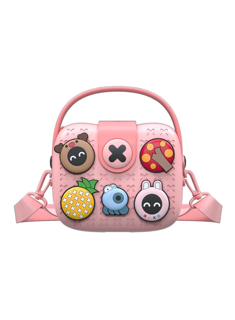 Pink children's toy purse with various animal face designs on a white background