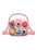 Pink children's toy purse with various animal face designs on a white background