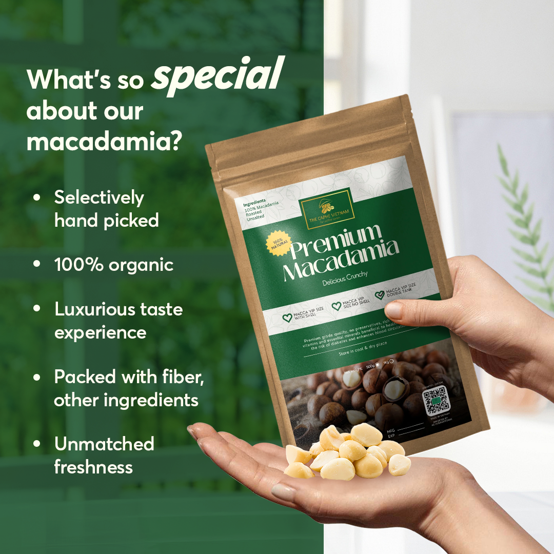 The Caphe Vietnam Premium Macadamia Nuts - 1 KG | VIP Size Double Tank | Unsalted & Roasted | Premium Vietnamese Macadamia Nuts