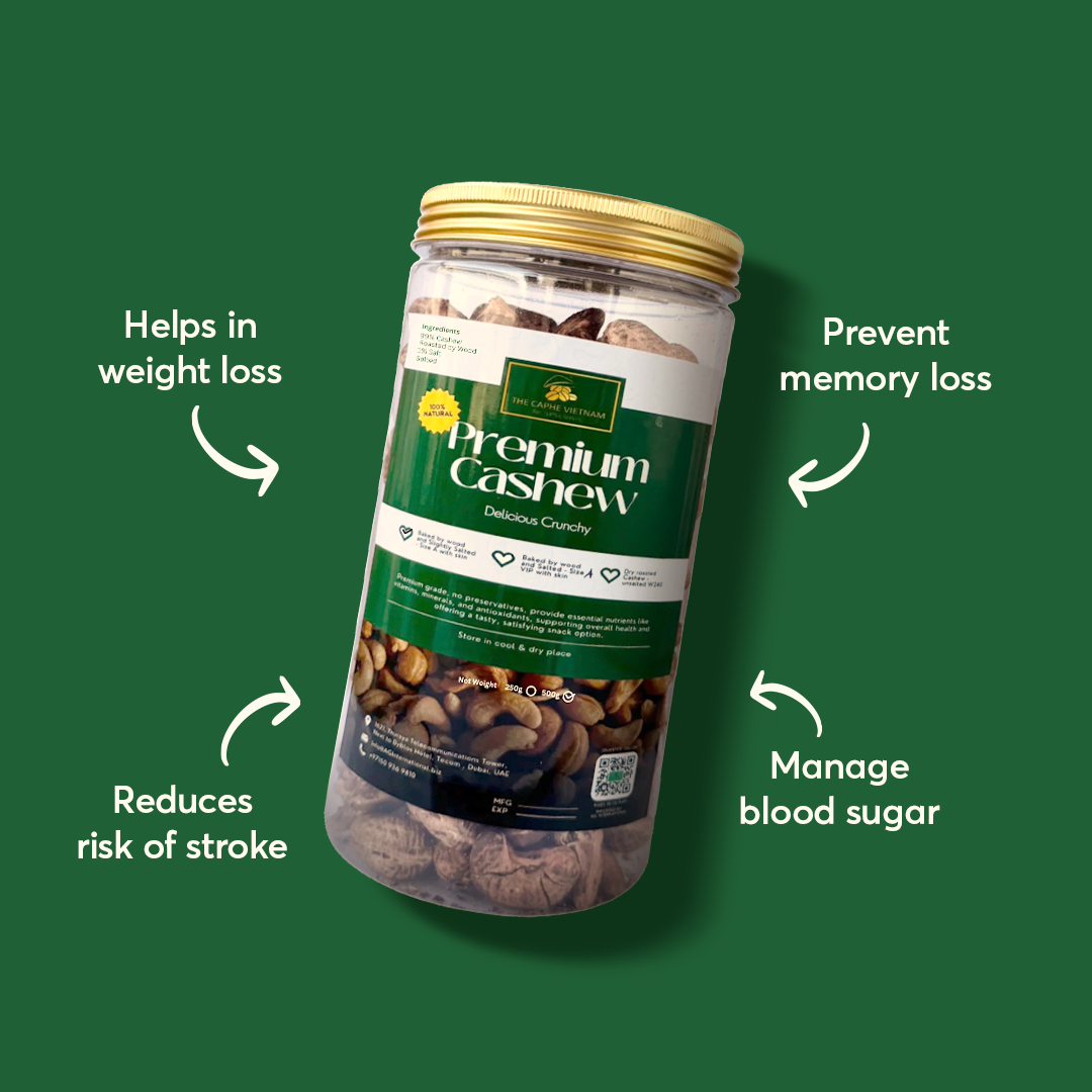 The Caphe Vietnam Premium Cashew Nuts - 1 KG | Wood-Baked, Roasted Cashew | Salted with Skin | Size A | Vietnamese Cashew, Ready To Eat Nuts