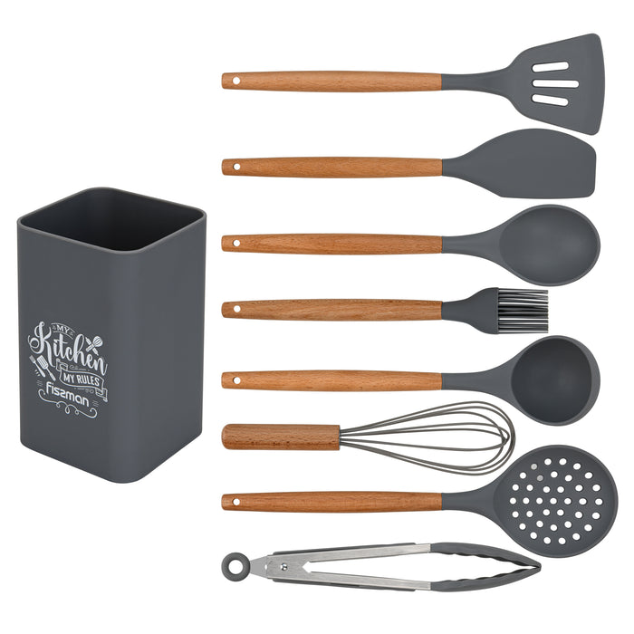 Fissman 9-Piece Kitchen Utensil Set with Holder Rack – Silicone Cooking Tools with Wooden Handles, Heat-Resistant, Non-Stick Safe