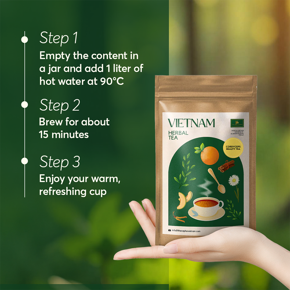 The Caphe Vietnam Cordyceps Beauty Tea - 20 Sachets | Premium Tea | Enhances Skin Health | Vietnamese Beauty Tea, Easy to Brew