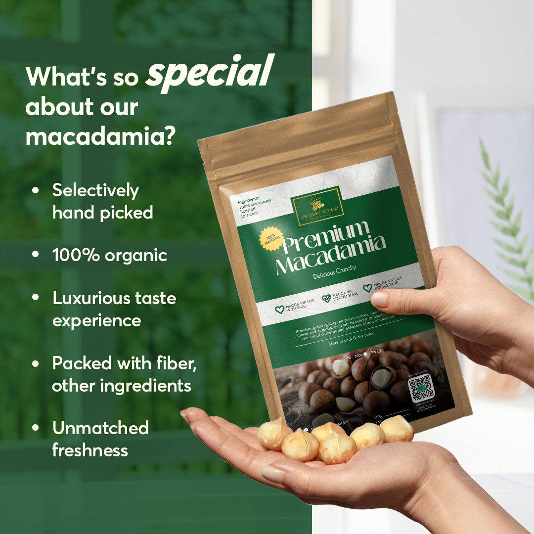 The Caphe Vietnam Premium Macadamia Nuts - 1 KG | VIP Size Without Shell | Unsalted & Roasted | Premium Vietnamese Macadamia Nuts
