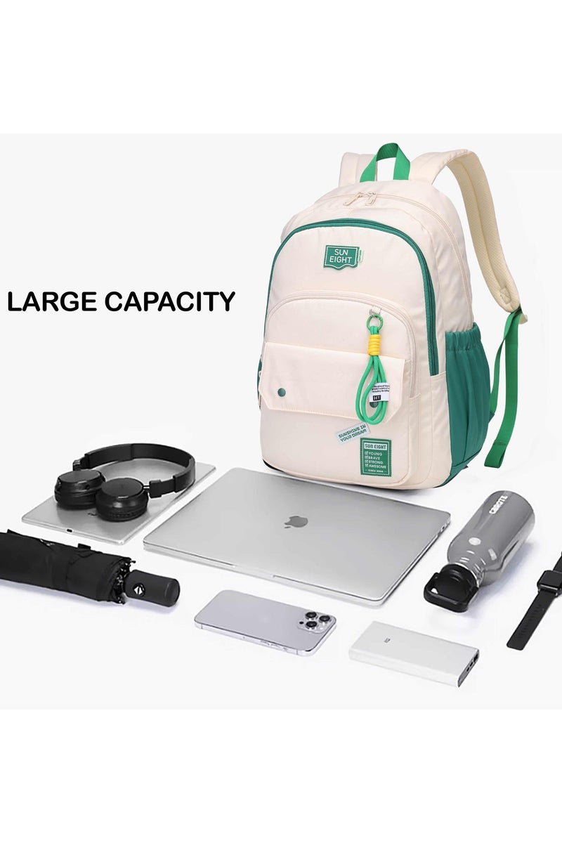 Sun Eight School Backpack SE8485 – 18.5-inch, Water-Resistant Polyester, Flap Front Pocket, Padded Back, Beige Green