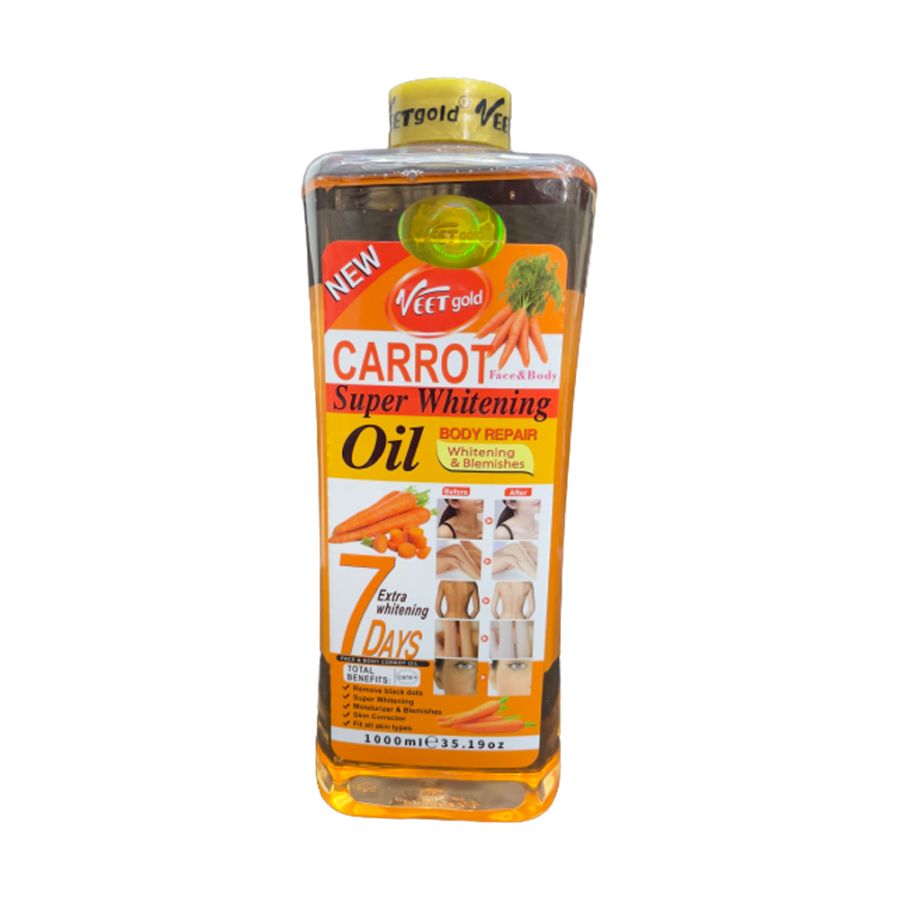 Veet Gold Carrot Super Whitening Oil 1000mlPersonal CareInfused with Carrot, known for its natural brightening properties, this oil helps to reduce the appearance of dark spots and uneven skin tone.