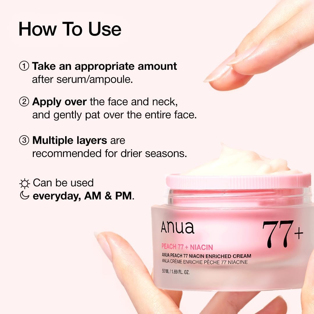 ANUA Peach 77 Niacin Enriched Cream 1.69fl.oz / 50mlPersonal CareDeep Hydration: The high concentration of peach extract (77%) provides intense moisture, leaving the skin supple and dewy. Brightening Effect: Niacinamide helps to even out skin tone and red