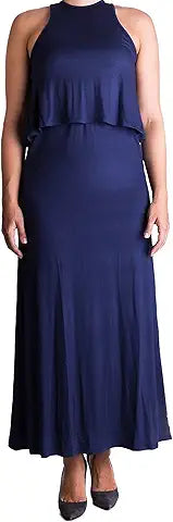 Mama Basic - Double Layer Long Maternity & Nursing Dress - Navy Large