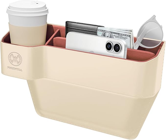 Maxwell Drive Vault Car Seat Gap Seam Storage Box Cup Holder Additional Storage for Your Devices Like Mobile Phone Tablets Eyeglasses Wallet Money Coins Notebook Pen Organizer Keys Organizer (Beige)Car AccessoriesMaximizes Car Storage Space: Designed to f