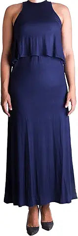Mama Basic - Double Layer Long Maternity & Nursing Dress - Navy Small