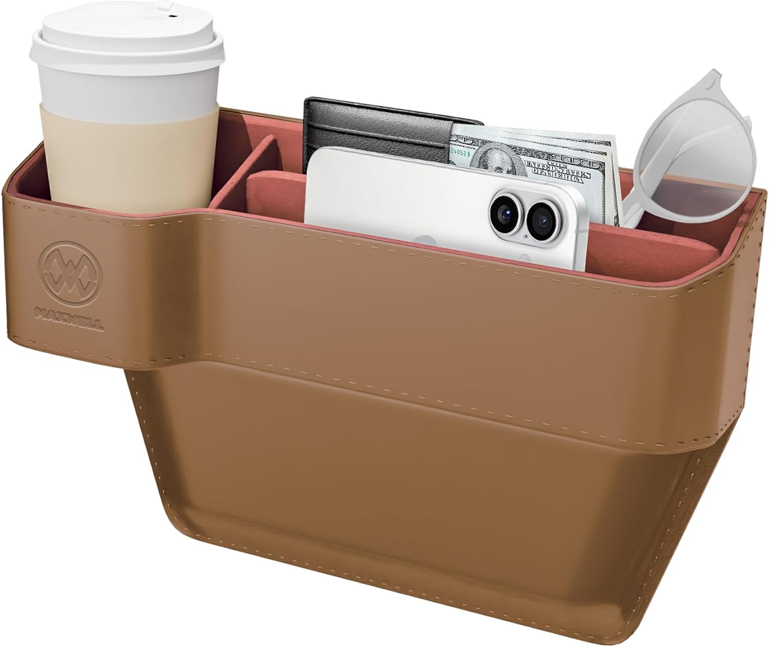 Maxwell Drive Vault Car Seat Gap Seam Storage Box Cup Holder Additional Storage for Your Devices Like Mobile Phone Tablets Eyeglasses Wallet Money Coins Notebook Pen Organizer Keys Organizer (Coffee)Car AccessoriesMaximizes Car Storage Space: Designed to