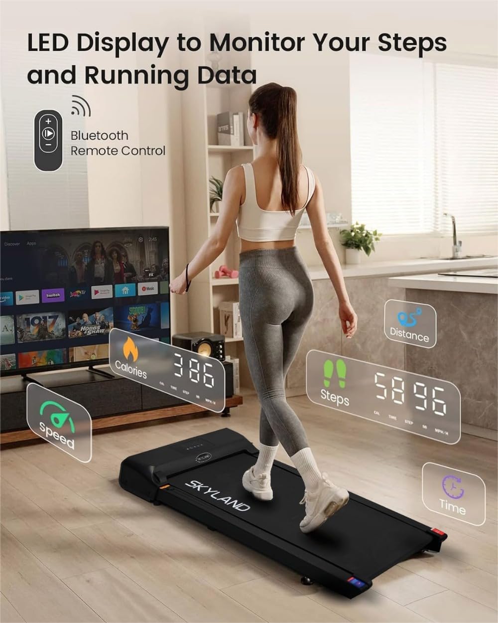 SKY LAND Compact Walking Pad Treadmills for Home & Office | Ultra Slim, Portable, Bluetooth, Remote Control, LED Display, Quiet Running MachinesEquipmentsMake movement effortless and engaging with the SKY LAND Compact Walking Pad Treadmill, a stylish and