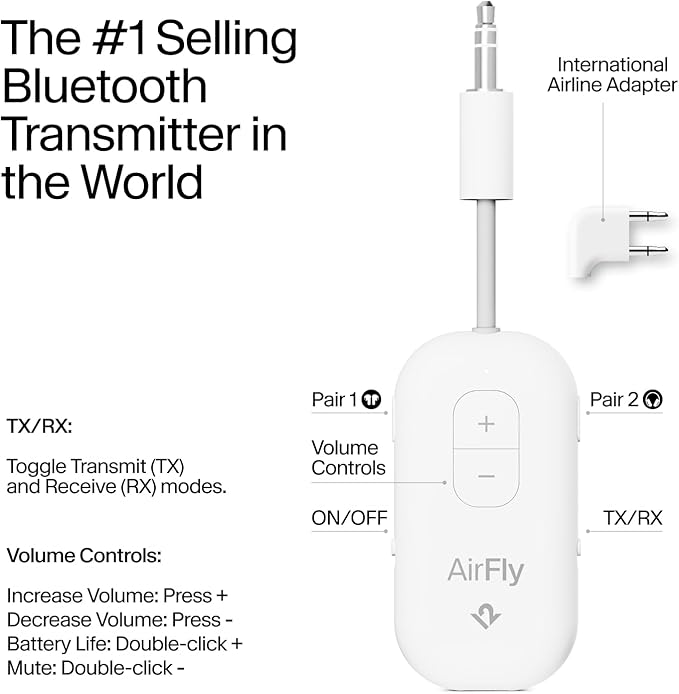 AirFly Pro 2 Deluxe Bluetooth Transmitter & Receiver – Pair 2 AirPods or Wireless Headphones – 3.5mm AUX Adapter for Airplane, Car, TV, Treadmill, Boat – Travel Essential