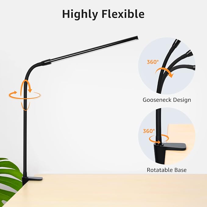 Lepro Clip-On Desk Lamp – 460 Lumens Dimmable USB Clamp Light with 10 Brightness Levels, Flexible Gooseneck, Black