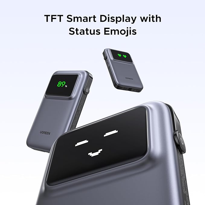 UGREEN Uno Power Bank with Built-in USB-C Cable 10,000mAh Portable Charger PD 30W Fast Charging Battery Pack 3-Way Output with TFT Display for iPhone 8-16 Series/Galaxy S21-25/iPad Pro, AirPodsMobile AccessoriesOne Cable, Endless Power. Built-in USB-C Cab