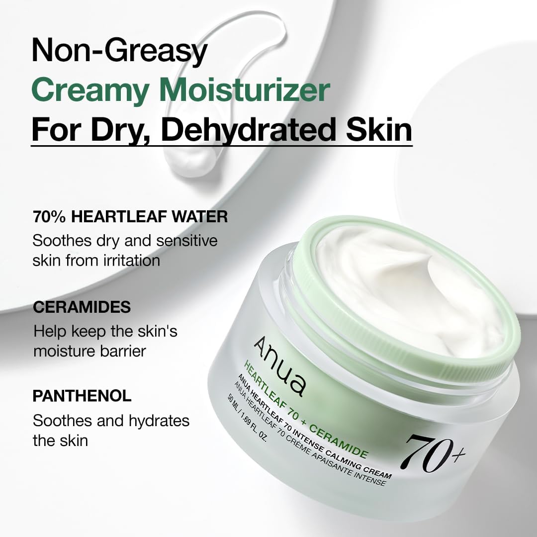 ANUA Heartleaf 70 Intense Calming Cream with Ceramide, Panthenol, Heartleaf Extract, Korean Skincare, 50ml /1.69 fl.ozPersonal CareANUA Heartleaf 70 Intense Calming Cream is specially crafted to soothe sensitive and irritated skin. Packed with 70% heartle