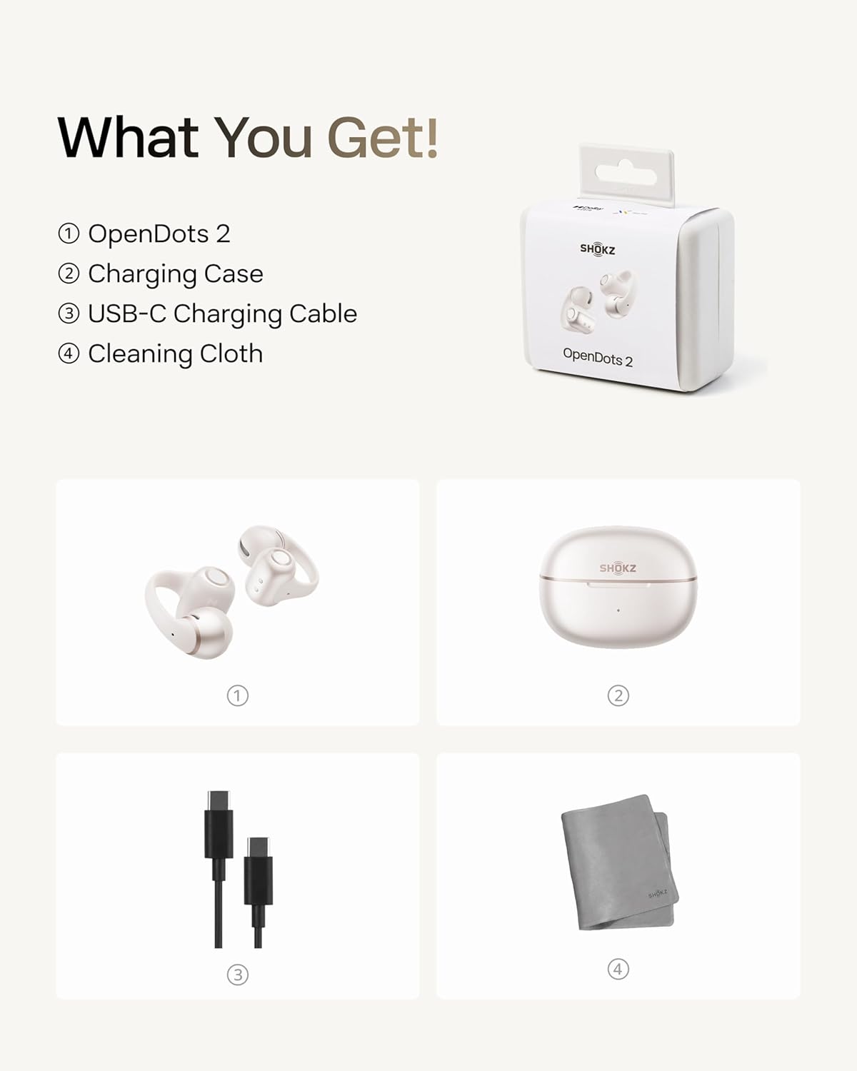 SHOKZ OpenDots 2 Open-Ear Clip-On Earbuds – Pearl White