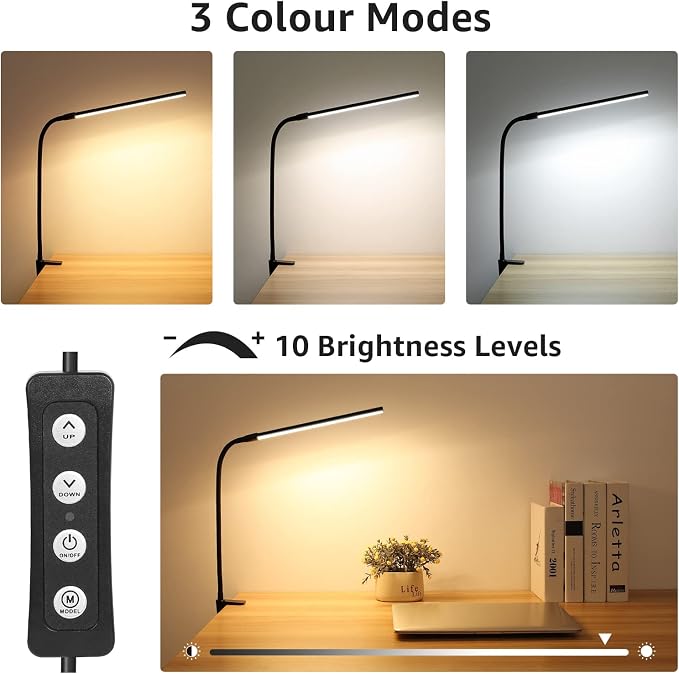 Lepro Clip-On Desk Lamp – 460 Lumens Dimmable USB Clamp Light with 10 Brightness Levels, Flexible Gooseneck, Black