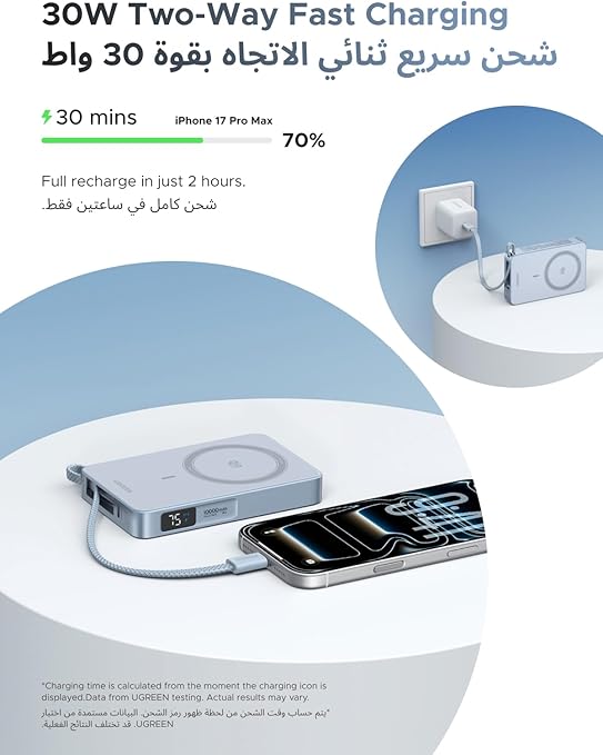 UGREEN MagFlow Qi2 25W MagSafe Power Bank – 10000mAh, Built-in 30W USB-C Cable, Wireless Portable Charger for iPhone 17 & Samsung