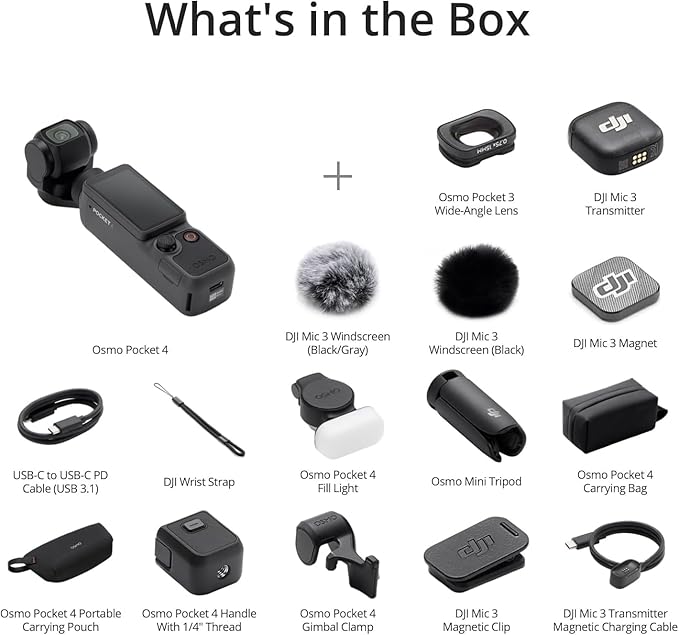 DJI Osmo Pocket 4 Creator Combo – 1-Inch CMOS Pocket Gimbal Vlog Camera, 4K/240fps, 3-Axis Stabilisation, 2× Lossless Zoom, 107GB Built-in Storage, Mic 3 Transmitter, Osmo Mini Tripod – UAE Version