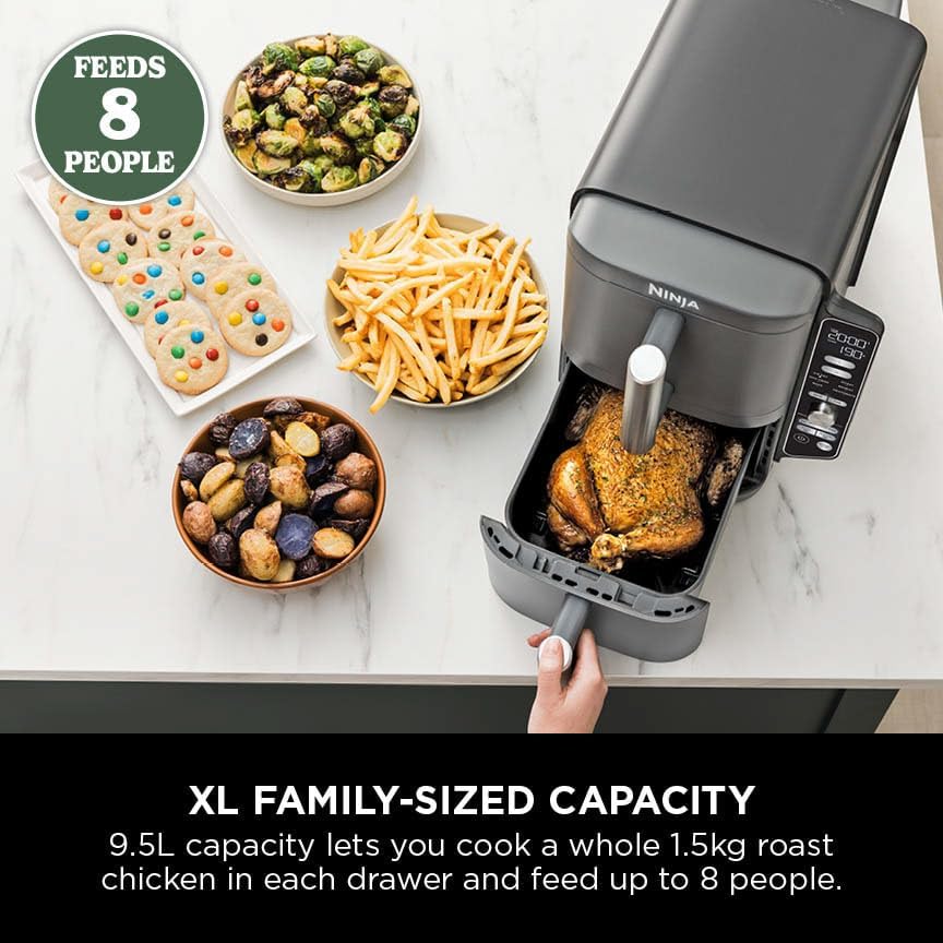 Ninja Double Stack XL Air Fryer SL400ME Vertical Dual Drawer Air Fryer 9.5L Capacity 2470W - GreyKitchen AppliancesWish you could fit a double air fryer in your kitchen, but running low on worktop space? Introducing the Ninja Double Stack XL 2-Drawer Air