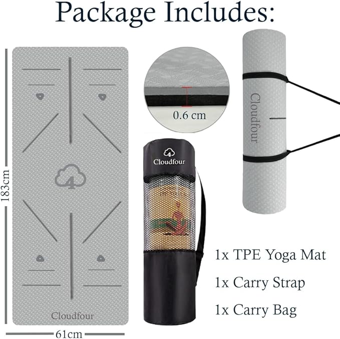 CLOUDFOUR Yoga Mat 6mm Non-Slip with Alignment Lines – Pilates & Fitness Exercise Mat with Carry Bag & Travel Strap for Home & Gym