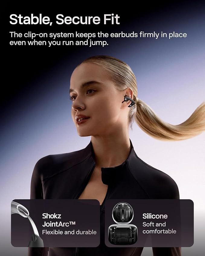 SHOKZ OpenDots ONE Open-Ear Clip-On Earbuds – 6.5g Premium Dolby Audio, 40H Playtime, Bluetooth 5.4, Fast Charging, IP54, Wireless Earphones with Mic, Commuting - Black